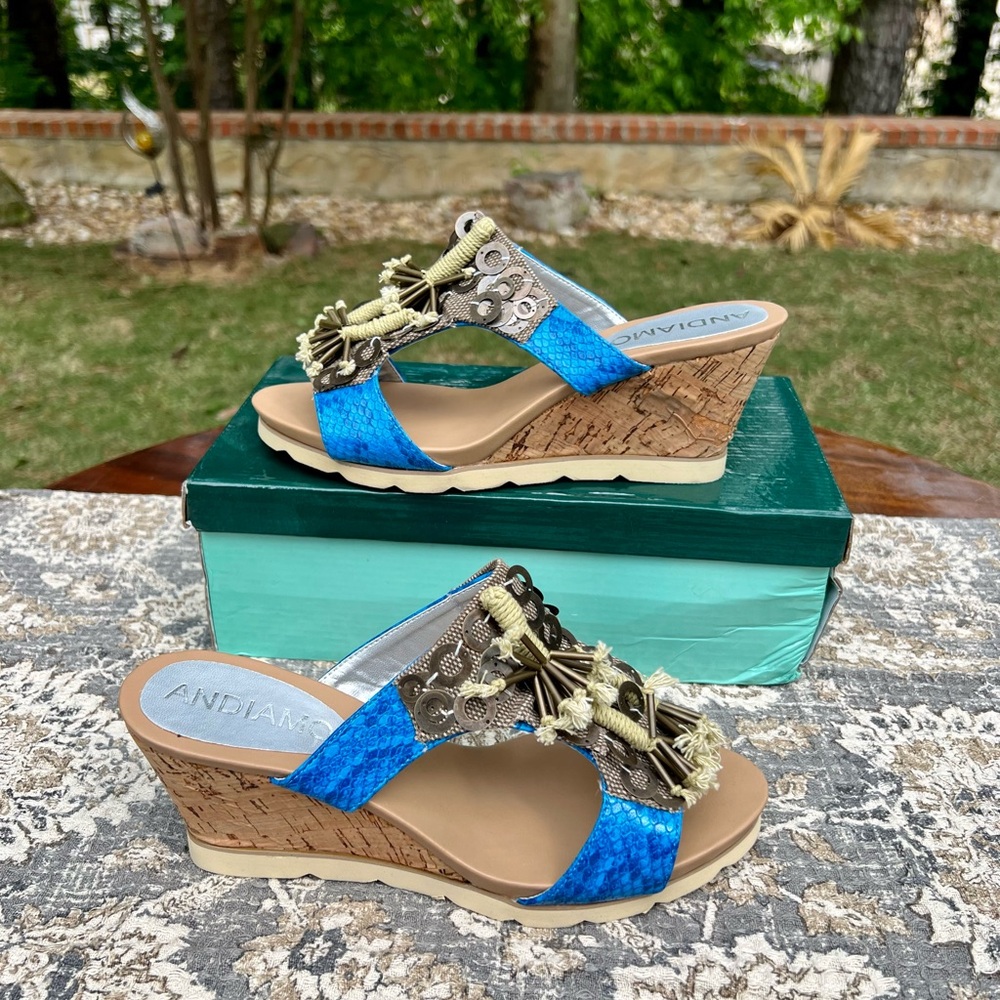 Stylish Blue and Cream Wedge Sandals - no box